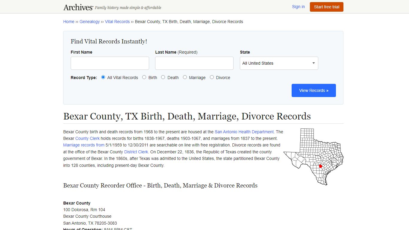 Bexar County, TX Birth, Death, Marriage, Divorce Records - Archives.com